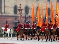 Mounted ceremonial guard parade in front of Rashtrapathi Bhawan and the Secretariat in New Delhi.