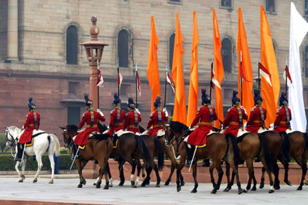 Mounted ceremonial guard parade in front of Rashtrapathi Bhawan and the Secretariat in New Delhi.