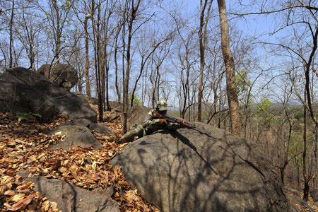 Indian Maoist problem, police commando on a training exercise in Chhattisgarh State