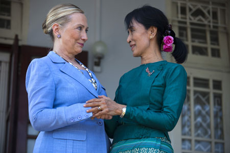 Aung San Suu Kyi with US Secretary of State, Hillary Clinton, after their meeting at Suu Kyi's residence on 2 December, 2011
