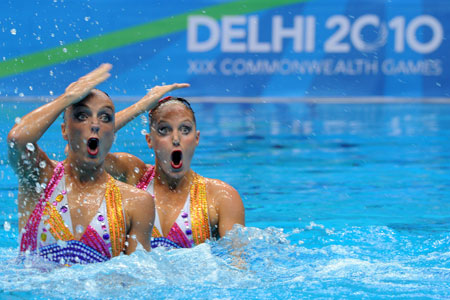 Canadian synchronised swimmers competing in the Commonwealth Games in New Delhi, India, October 2010