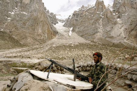 Pakistan sentry guards a post near the Siachen Glacier in the Himalayas