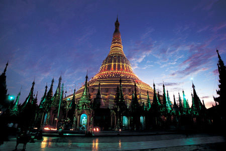 Yangon's Shwedagon Pagoda at dusk